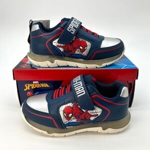 Marvel Spiderman Light Up Sneakers Little Boys Shoes Size 12 Navy Red Silver NEW